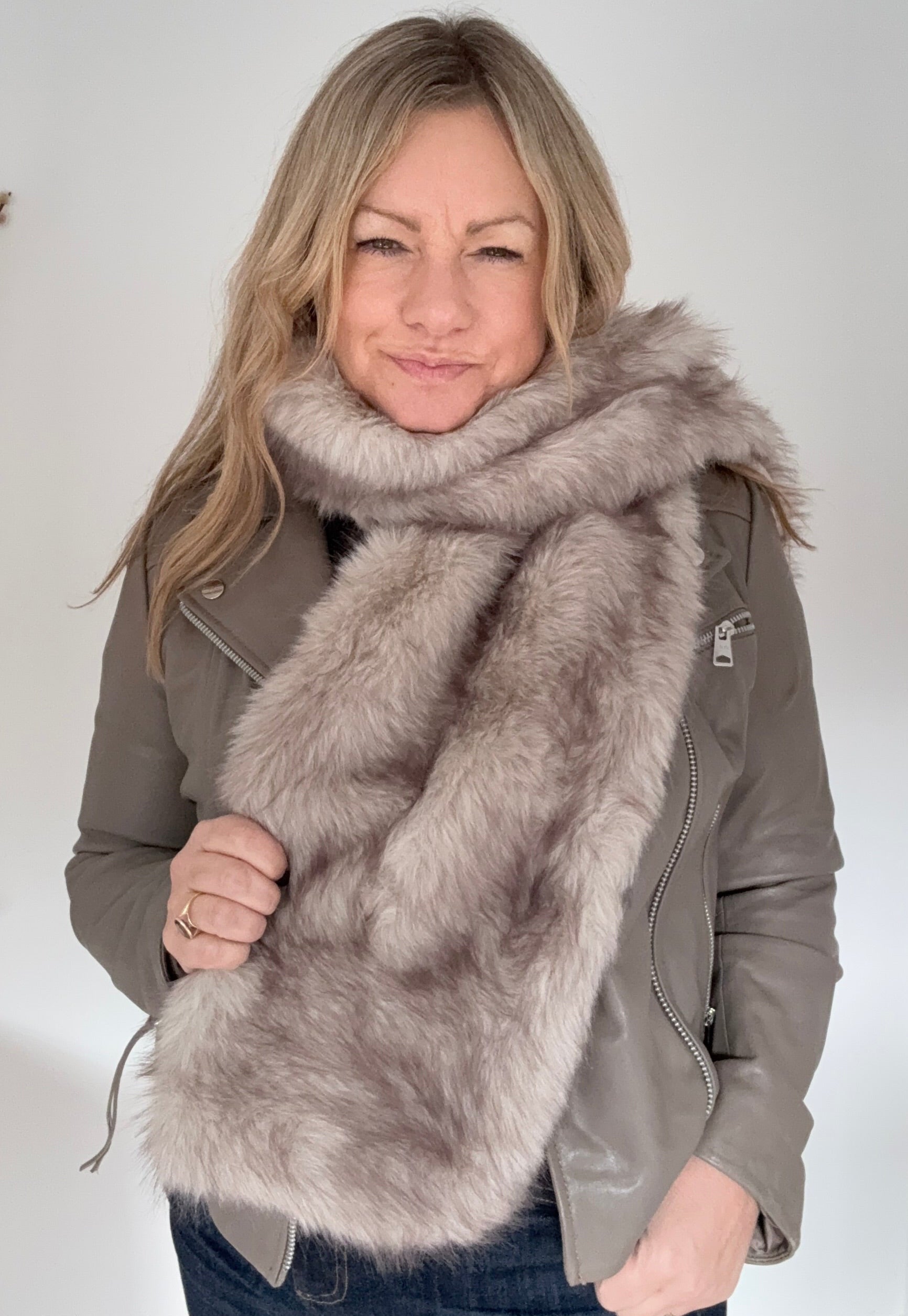 Light Taupe Faux Fur Wide Long Scarf/ Wrap