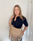 Stone Studded Suede Crescent Shoulder/ Crossbody Bag with Fringing