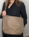 Taupe Faux Leather Weave Tote/ Crossbody Bag