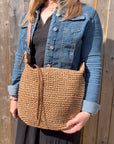 Beige & Tan Raffia Crossbody Bag with Tassel Detail