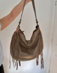 Dark Taupe Studded Suede Shoulder/ Crossbody Bag with Fringing