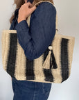 Black & Beige Stripe Raffia Tote Bag