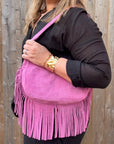 Pink Suede Fringed Crossbody Bag