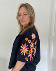 Navy Embroidered Sleeve Cotton Blouse