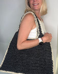 Black & Cream Raffia Tote Bag