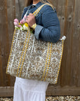 Yellow & White Flower Print Cotton Tote Bag