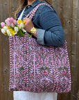 Lilac & Green Flower Print Cotton Tote Bag