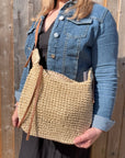 Cream & Tan Raffia Crossbody Bag with Tassel Detail