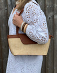 Beige & Dark Tan Raffia Shoulder Bag
