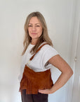 Dark Tan Suede Shoulder/ Crossbody Bag with Fringing