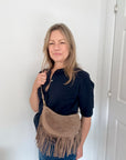 Dark Taupe Suede Fringed Shoulder/ Crossbody Bag