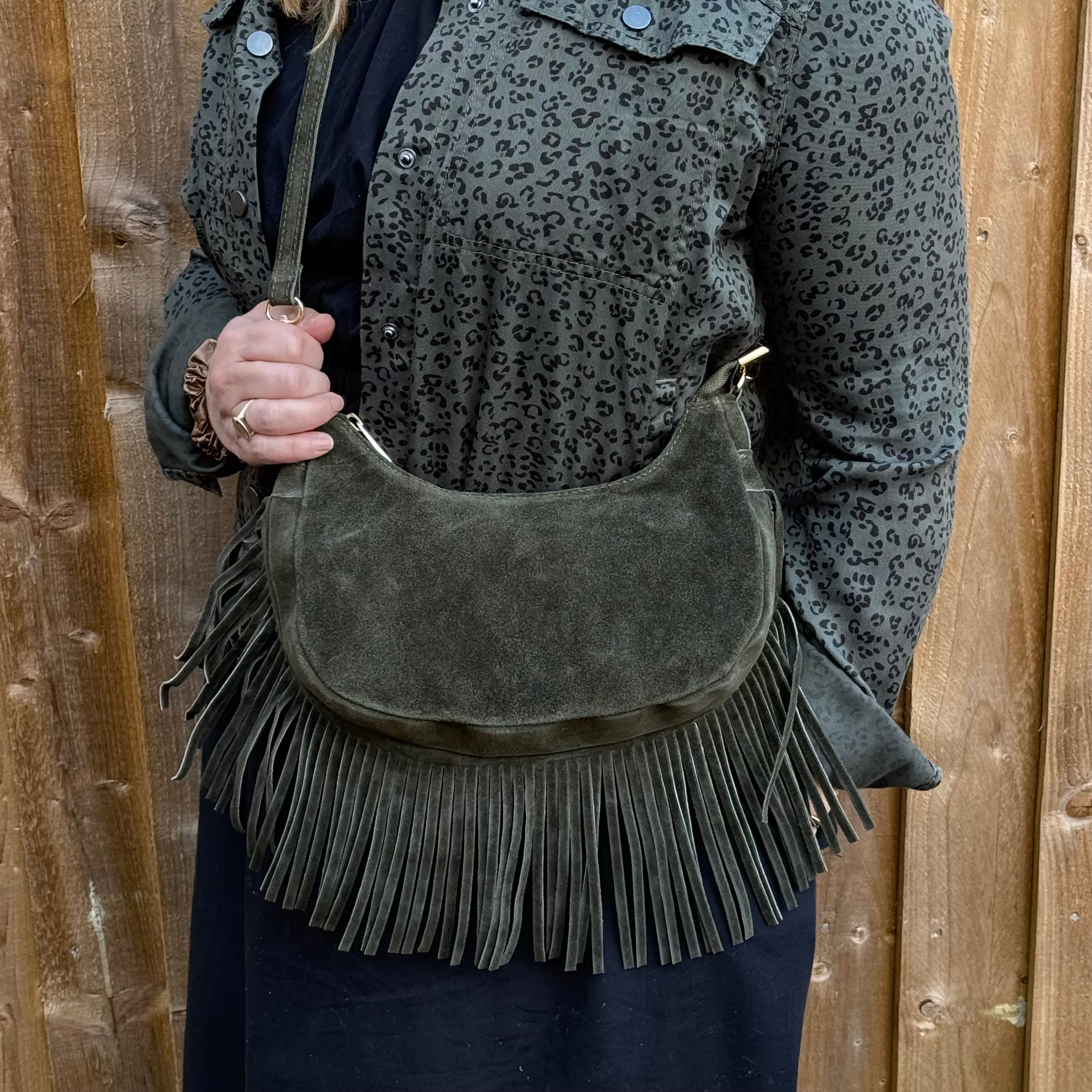 Khaki Suede Fringed Crossbody Bag