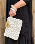 Taupe & Ecru Leopard Print Clutch Bag with Wrist Strap