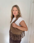 Dark Taupe Studded Suede Crescent Shoulder/ Crossbody Bag with Fringing