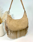 Stone Suede Fringed Crossbody Bag