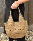 Beige & Black Raffia Shoulder Bag