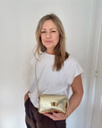 Gold Leather Clutch/ Crossbody Bag with Chain Strap & Short Strap