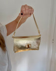 Gold Leather Clutch/ Crossbody Bag with Chain Strap & Short Strap