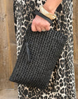 Black Raffia Clutch Bag with Wrist Strap