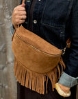 Suede Large Dark Tan Fringed Crossbody/ Waist Bag