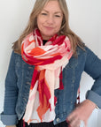 Red & Orange Mix Print Scarf with Red Tassels