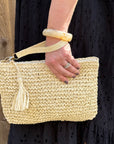 Cream Raffia Clutch Bag with Wrist Strap