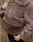 Dark Brown Suede Large Deep Crossbody Bum Bag