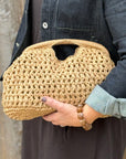 Natural Woven Raffia Structured Clutch/ Crossbody Bag