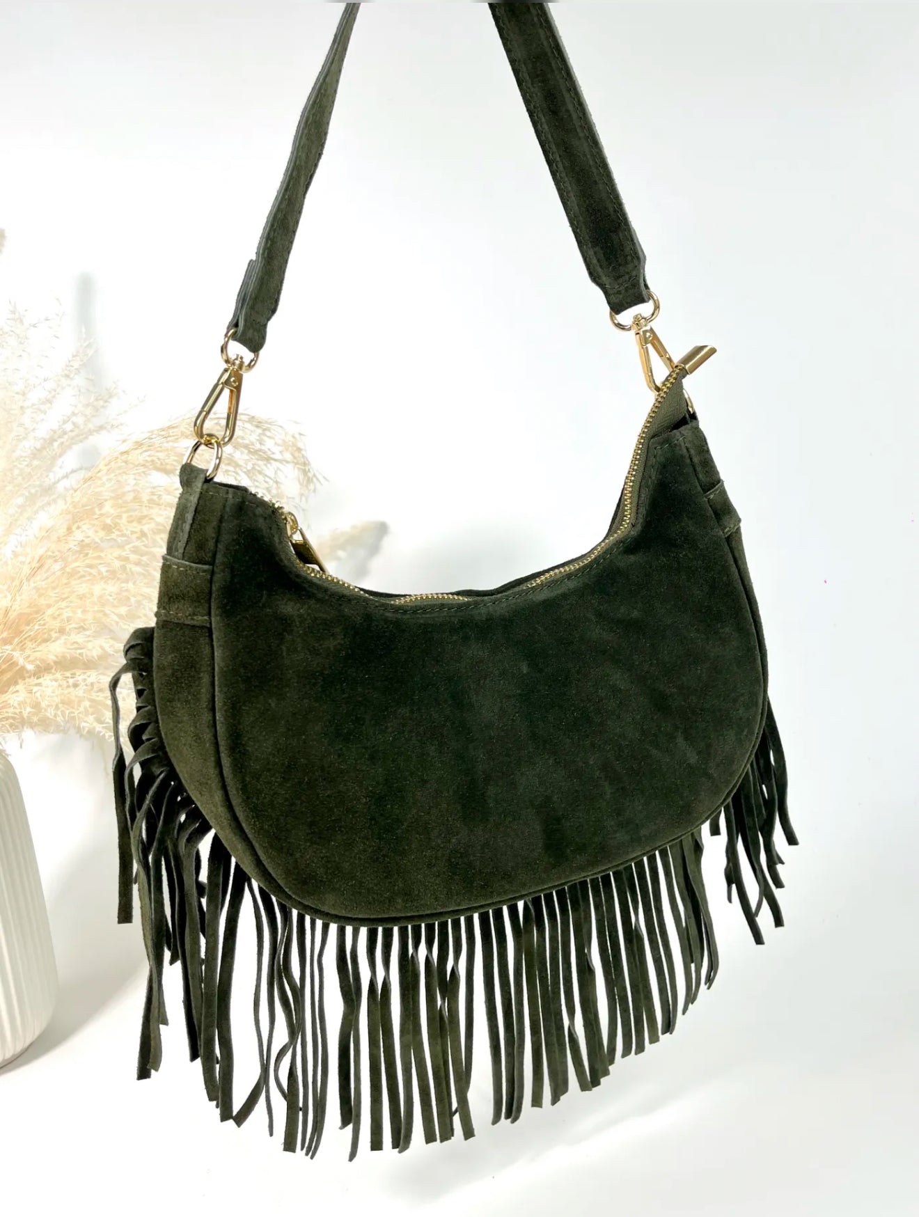 Khaki Suede Fringed Crossbody Bag