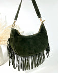 Khaki Suede Fringed Crossbody Bag