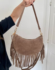 Dark Taupe Suede Fringed Shoulder/ Crossbody Bag