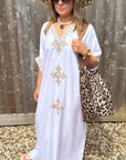 White & Gold Embroidered Maxi Beach Dress Kaftan