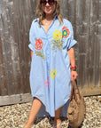 Blue Embroidered Flowers Beach Dress/ Kaftan