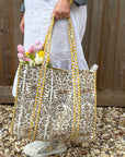 Yellow & White Flower Print Cotton Tote Bag