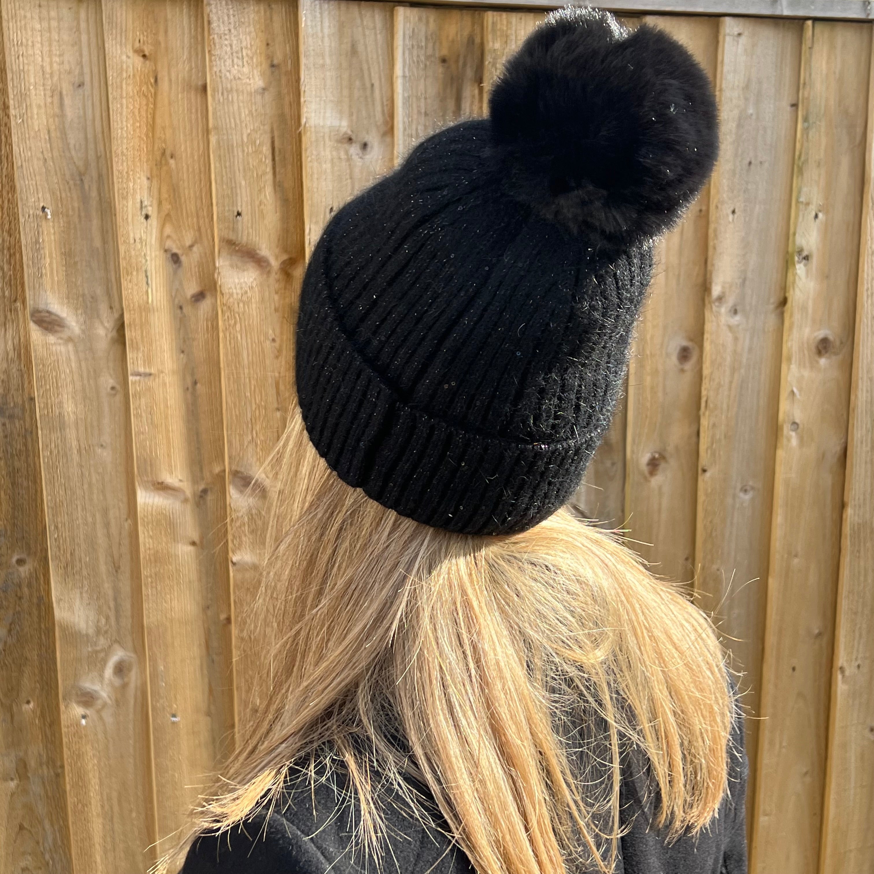 Faux Fur Pom Ladies Black Pom Pom Hat Black Metallic Knit Faux Fur