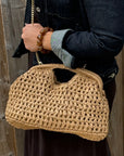 Natural Woven Raffia Structured Clutch/ Crossbody Bag