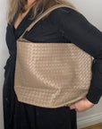 Taupe Faux Leather Weave Tote/ Crossbody Bag