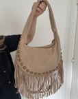 Stone Studded Suede Crescent Shoulder/ Crossbody Bag with Fringing