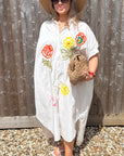 White Embroidered Flowers Beach Dress/ Kaftan