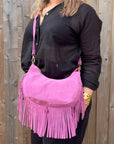 Pink Suede Fringed Crossbody Bag