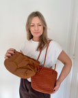 Dark Tan Leather Weave Shoulder Bag