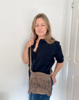 Dark Taupe Suede/ Leather Fringed Shoulder/ Crossbody Bag