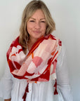 Red & Orange Mix Print Scarf with Red Tassels