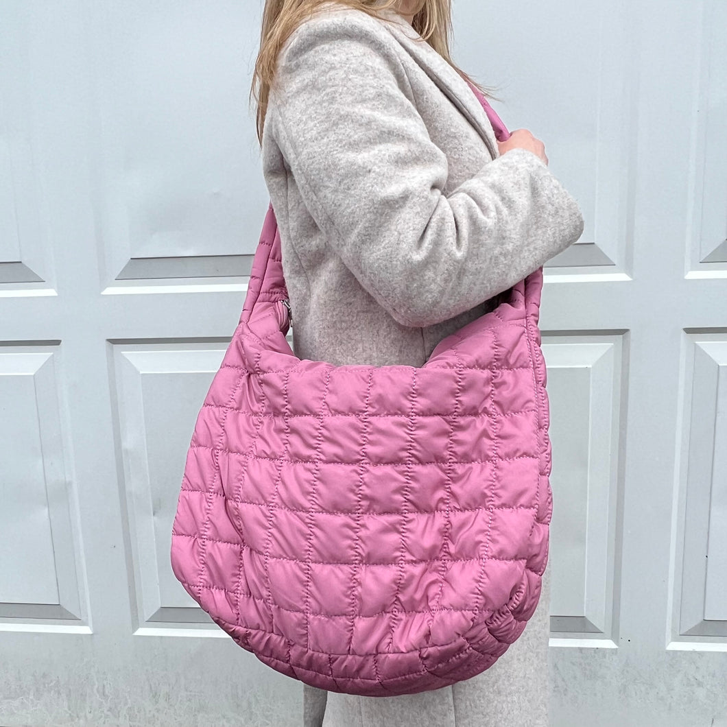 Rose Pink Quilted Fabric Oversized Crossbody Bag