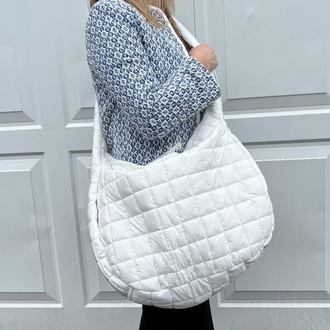 Ivory Quilted Fabric Oversized Crossbody Bag