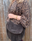 Dark Chocolate Suede Fringed Crossbody Bag