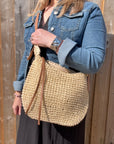 Cream & Tan Raffia Crossbody Bag with Tassel Detail