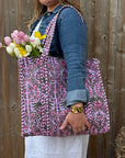 Lilac & Green Flower Print Cotton Tote Bag