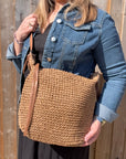 Beige & Tan Raffia Crossbody Bag with Tassel Detail