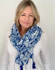 Blue & White Ikat Scarf with Blue Tassels